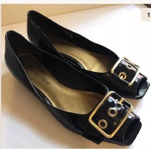 Etienne Aigner Leather Stardust Buckle Peep Flat